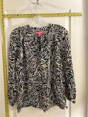 Lilly Pulitzer Etta Tassel Peasant Top S Full Entourage Animal Print 100% Silk